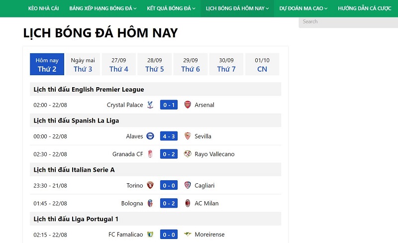 Xem lịch thi đấu bóng đá theo ngày